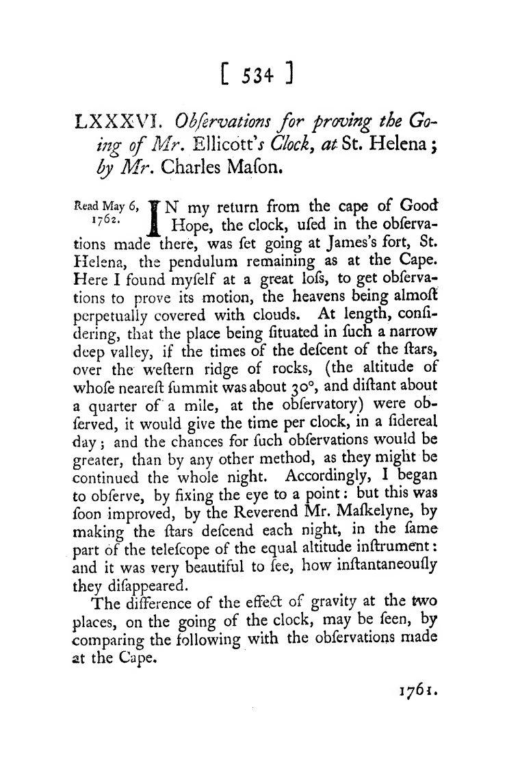 《Observations for Proving the Going of Mr. Ellicott's Clock》(1761)