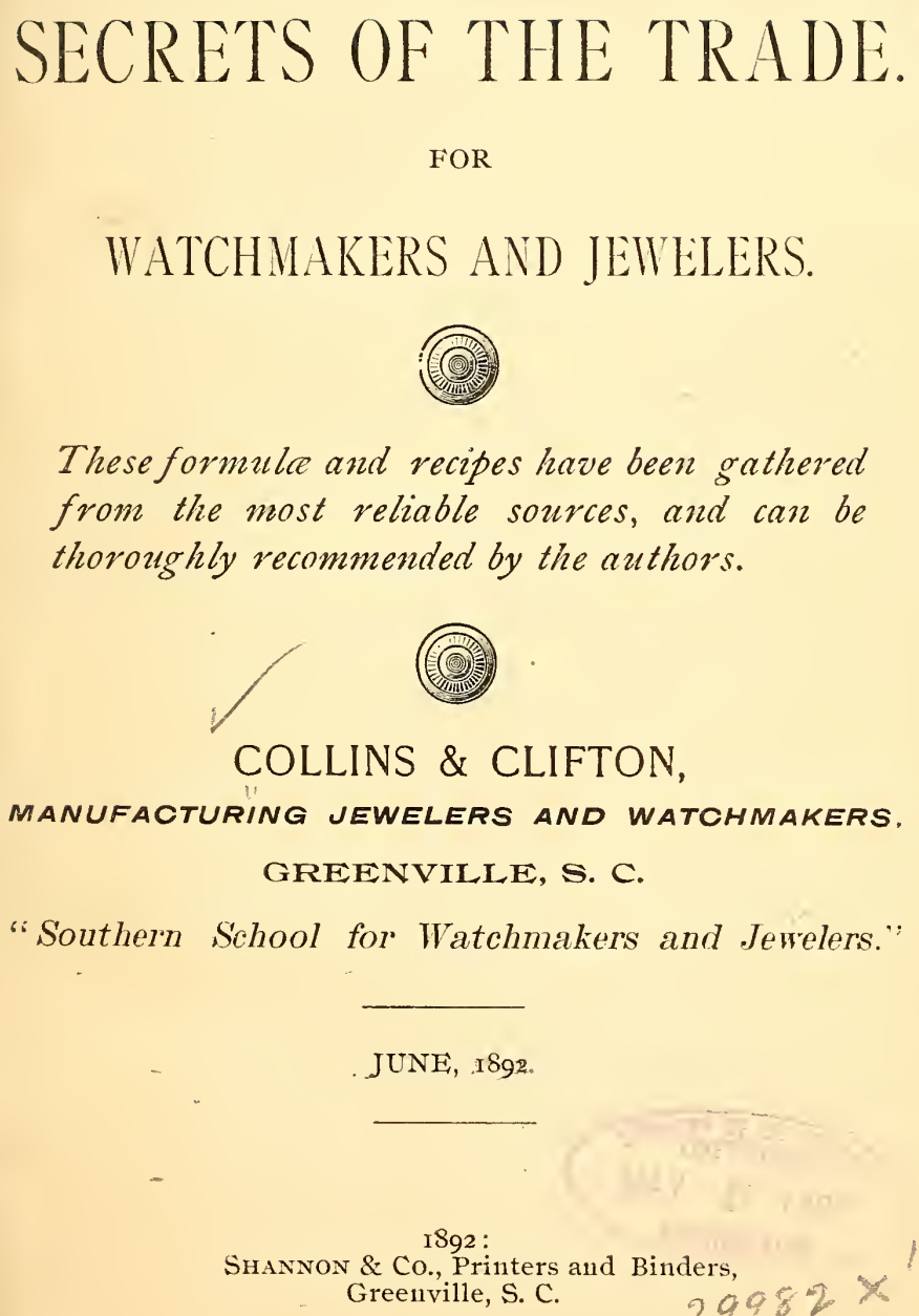 《Secrets of the Trade. For Watchmakers and Jewelers》(1892)
